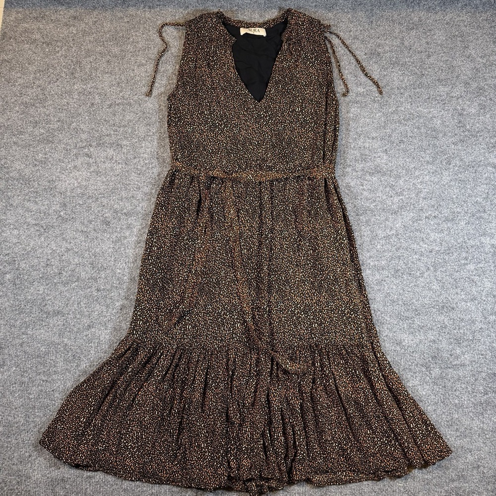 AURA Speckled Sleeveless Waist Tie Tiered Hem Dress Womens Small